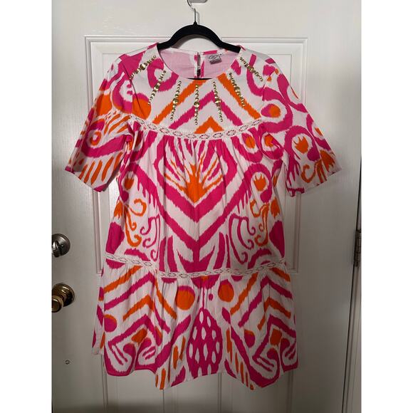 Sheridan French Embellished Short Sleeve Crew Neck Tiered Mini Dress Pink Small - Picture 7 of 9